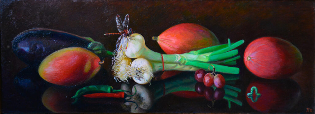 Stillife with onion and mango, 40x90, in a private collection